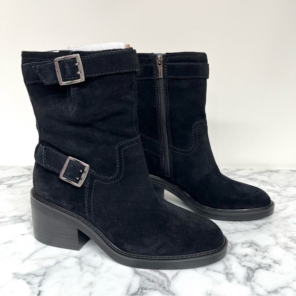 Vince Camuto Suede Leather Buckle Moto Boot Vergila Black Verona Women’s 7-7 1/2 - Picture 1 of 9